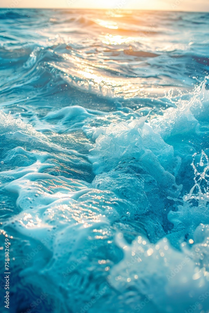 Poster the suns golden rays illuminate the rolling ocean waves, creating a mesmerizing dance of light and s