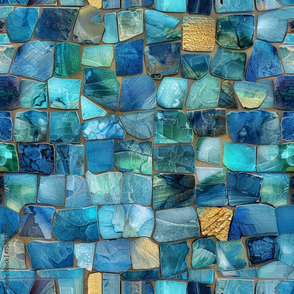 Poster a detailed close-up of a mosaic tile featuring shades of blue and green, creating a beautiful and in