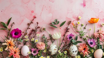 Spring and Easter holiday greeting card concept with flowers and eggs. Banner