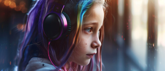Mystical portrait of a young girl with colorful hair wearing headphones, lost in music amidst urban...