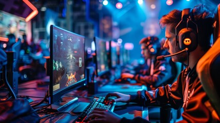 esports battle, gamers with headset and monitor in neon cyberspace, phygital games, cyber sport...