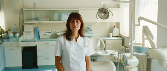 Confident healthcare professional in a dental clinic's bright and sterile environment.