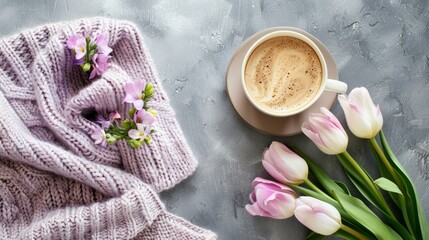 Obraz na płótnie Canvas Spring morning with coffee background. A cup of coffee latte, lilac woman knitted sweater, a bouquet of tulips flowers. Spring holidays, holiday background, greeting card, top view flat lay copy space