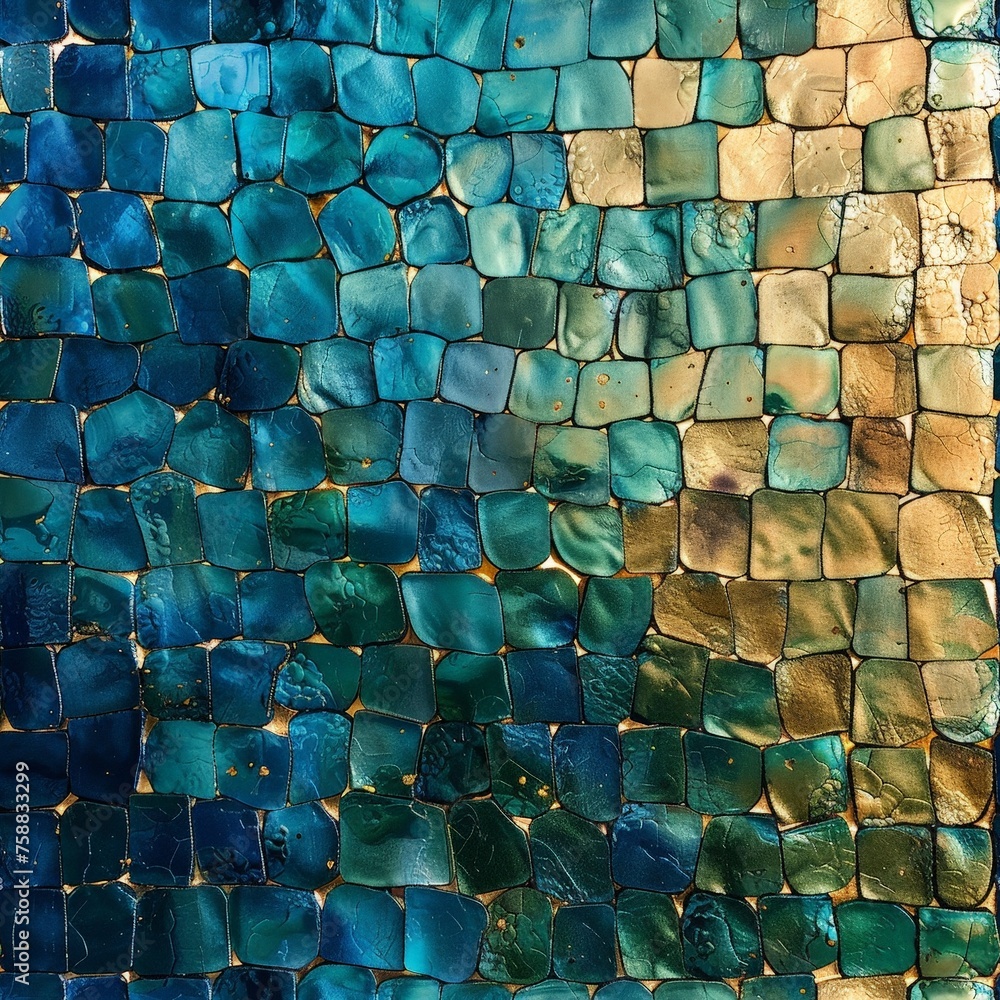 Poster A close-up view of a stunning wall covered in intricate blue and gold tiles, creating a mesmerizing and magical pattern