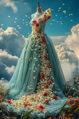 A stunning dress made entirely of colorful flowers floats gracefully through the clouds, creating a mesmerizing sight against the blue sky