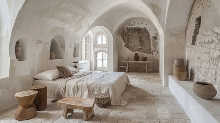 A cozy white bedroom with stylish natural wooden tables and modern furnishings as interior decor