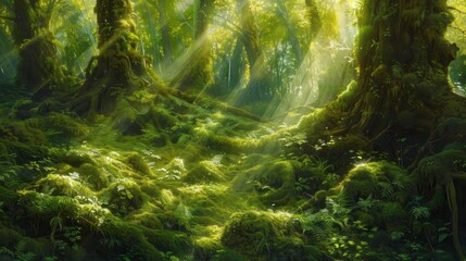 Sunlight penetrates the dense forest canopy, casting rays of light onto the moss-covered trees and ground below. The moss creates a lush green carpet, adding a rich natural texture to the forest