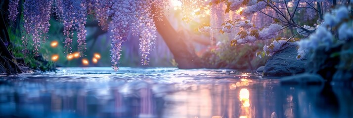 A serene stream flows under a canopy of wisteria blooms, as twilight casts a magical glow