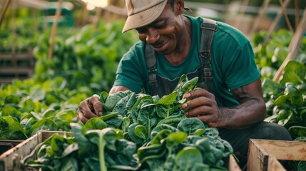 A man in a green shirt and hat working diligently in a lush garden - obrazy, fototapety, plakaty