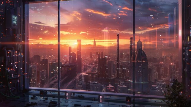 Sunset in the futuristic city, view from the window, cyberpunk art