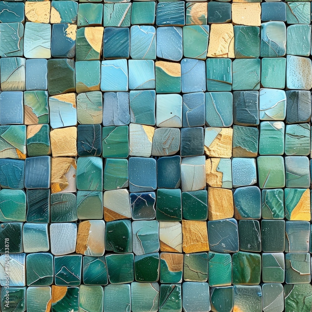 Leinwandbilder A close-up of a mesmerizing mosaic tile wall, displaying intricate patterns and vibrant colors blending seamlessly together