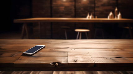 Empty wooden table in front with phone on it of background