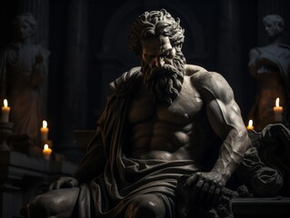 Obraz premium Mysterious ancient greek, roman male stoic statue, sculpture in dramatic lighting, shadows highlighting the impressive muscular build and classical beauty. 