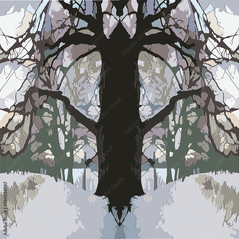 Aufkleber trees and branches in forest - abstract graphic with symmetrical composition and 3d relief effect. t