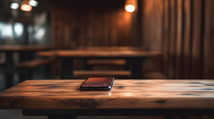 Obraz premium Empty wooden table in front with phone on it of background