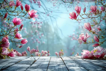 Rolgordijnen Dawns soft light filters through vibrant magnolia blossoms over a wooden forest trail © nnattalli