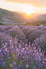 Naklejka premium A mesmerizing field of lavender flowers stretches towards the horizon as the sun sets in the background, creating a picturesque scene of beauty and tranquility