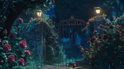 The gate to the park with roses flowers in the foreground. Night scenery. Digital painting