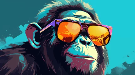Gordijnen Monkey with headphones listening to music. Colored digital drawing illustration. © Dm
