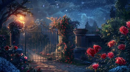 The gate to the park with roses flowers in the foreground. Night scenery. Digital painting