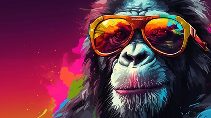 Foto op Plexiglas Monkey with headphones listening to music. Colored digital drawing illustration. © Dm