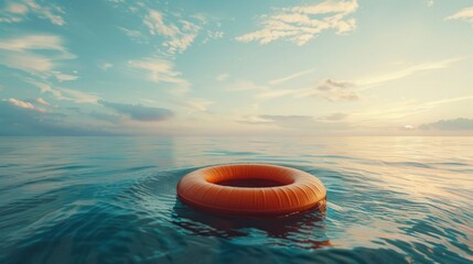 The swimming inflatable circle is half immersed in water vertically. The concept of outdoor recreation - obrazy, fototapety, plakaty