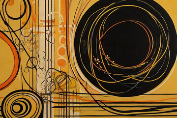 Abstract composition. Yellow and orange circles and lines on black background. Vibrant and dynamic design.