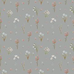 Hand drawn floral semless pattern. Simple flowers drawn by pencils and isolated on light background.