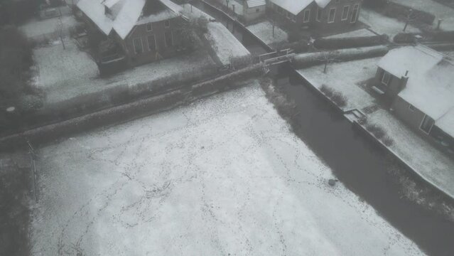 Aerial view of famous village Giethoorn with fog during winter, Netherlands