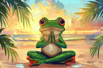 Fototapeta premium frog practicing yoga on the beach at sunset illustration