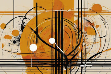 Abstract composition. Yellow and orange circles and lines on black background. Vibrant and dynamic design.