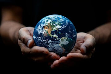 human hand holding the planet earth , black background