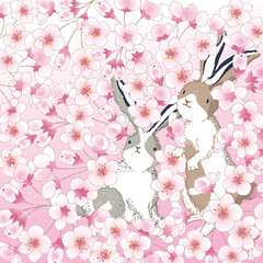 벚꽃이 만발한 숲속에서 토끼 두 마리가 봄날을 즐기고 있는 벡터 일러스트레이션	 - 758834866