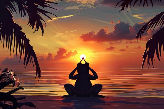 frog practicing yoga on the beach at sunset illustration