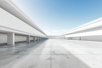 Empty concrete floor for car park. 3d rendering of abstract white building with blue sky background. 