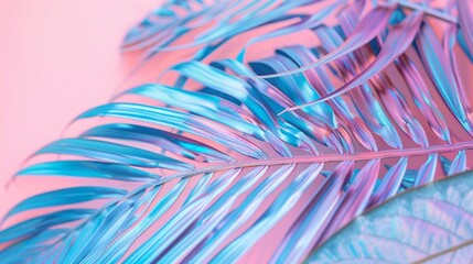 This close-up view showcases a vibrant pink and blue palm leaf, set against a soft pink background. The intricate details of the leafs textures and colors are highlighted in this tropical display