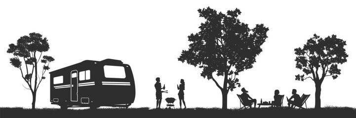 Obraz na płótnie Canvas Outdoor party isolated silhouette. Young people bbq scene. Vacation background with barbecue and camping trailer. Friends grilled meat. Summer weekend poster