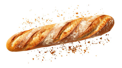Baguette bread with falling crumbs isolated on transparent background Remove png, Clipping Path, pen tool - obrazy, fototapety, plakaty