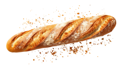 Baguette bread with falling crumbs isolated on transparent background Remove png, Clipping Path, pen tool