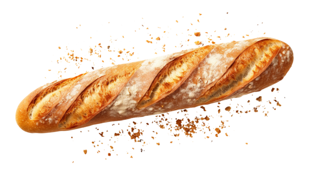 Baguette bread with falling crumbs isolated on transparent background Remove png, Clipping Path, pen tool