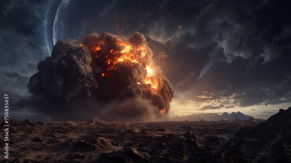 Poster epic meteor strike: create an image depicting a breathtaking meteorite impact on a planet