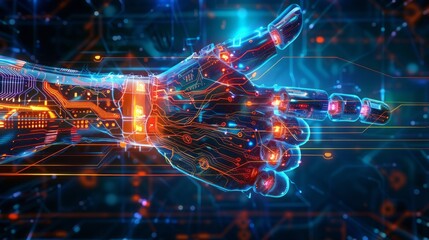 Thumb up symbol in cyberspace showing like or good. Robotic hand with data lines and power surges