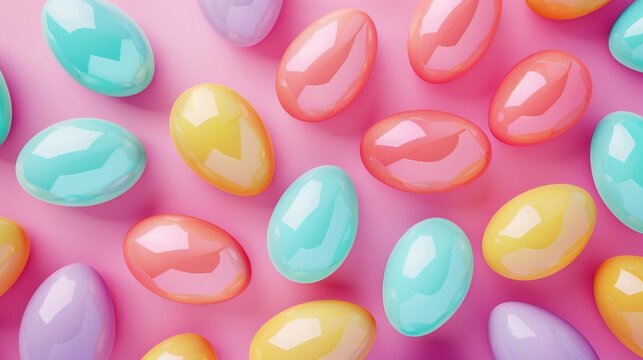 Top view Colorful Easter Eggs. 3D illustration on pink background, Ideal for Easter cards and festive decoration. Pastel Colors
