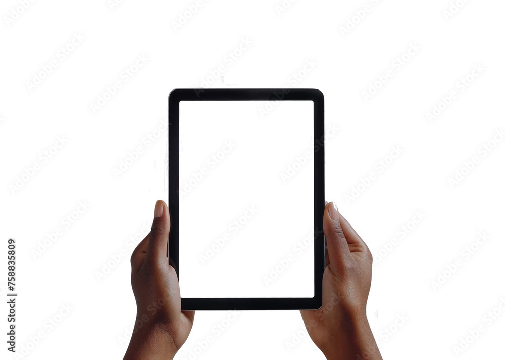 Wall mural hands holding a blank tablet screen isolated on white