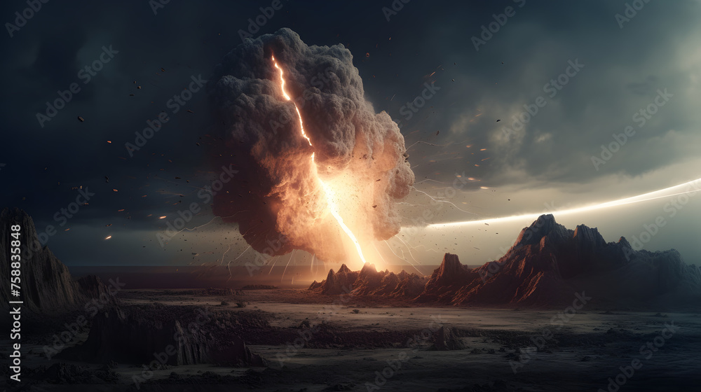 Poster epic meteor strike: create an image depicting a breathtaking meteorite impact on a planet