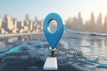 Road map of blue location pin icon symbol or gps travel route navigation marker and transportation place pointer direction street sign on city background with transport destination way.  - obrazy, fototapety, plakaty