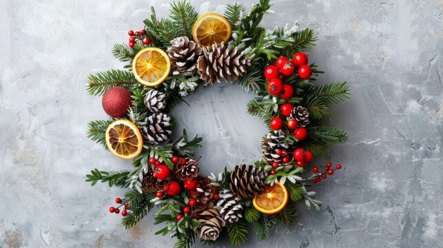 Top view of traditional Christmas wreath made with natural elements. Winter holidays and Christmas celebration