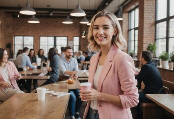 Young female professional holding coffee in a busy office setting. Smiling at the camera with colleagues in the background.