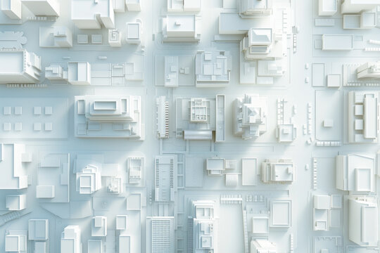 Top view of abstract modern city block looking as white architectural scale model with high rise buildings skyscrapers.