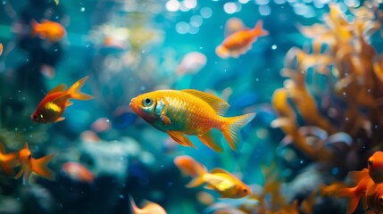 Naklejka premium Tropical fish swimming in an aquarium. Plastic toys for children's play in the bathroom. Underwater world with selective focus